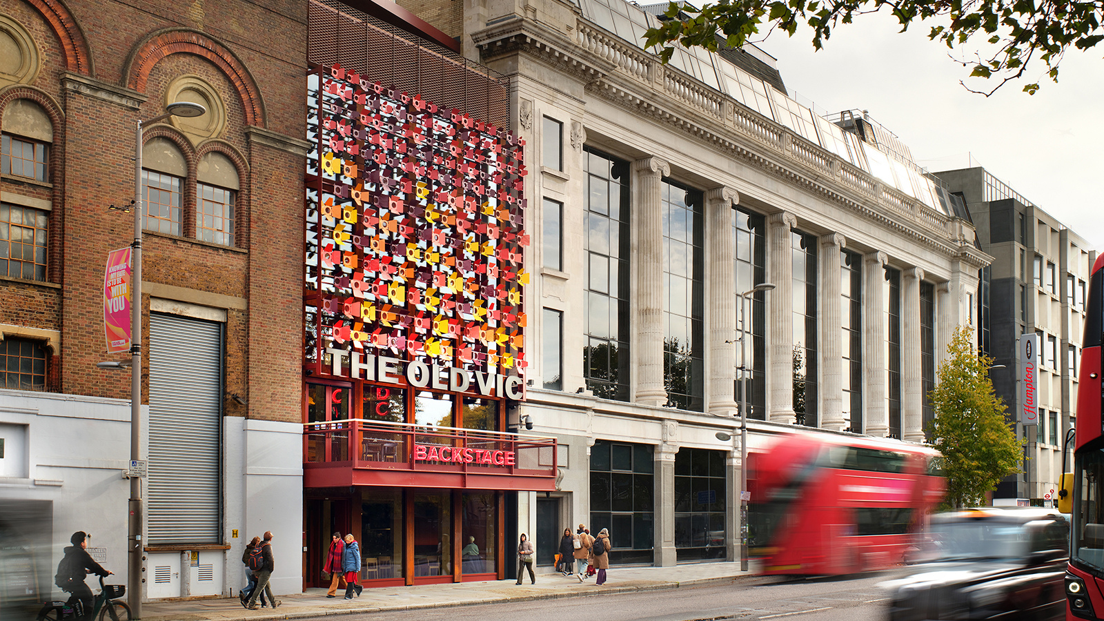 backstage at the old vic exterior with colourful sculptural facade